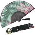 OMyTea Women Hand Held Silk Folding Fan with Bamboo Frame - with a Fabric Sleeve for Protection for Gifts - Sakura Cherry Blosso