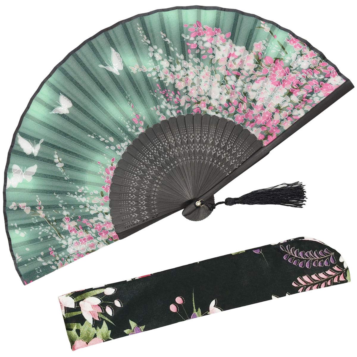 OMyTea Women Hand Held Silk Folding Fan with Bamboo Frame - with a Fabric Sleeve for Protection for Gifts - Sakura Cherry Blosso
