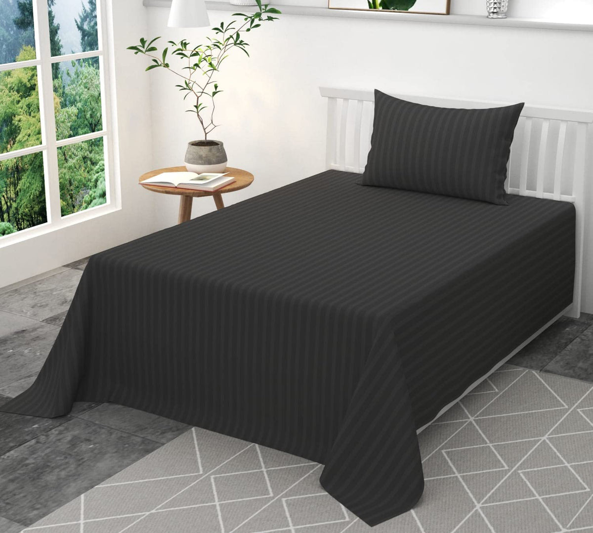 YUKU 210 TC Glace Cotton Satin Stripes Plain Single Bedsheet with One Pillow Cover (60 X 90) Inch (Gray)