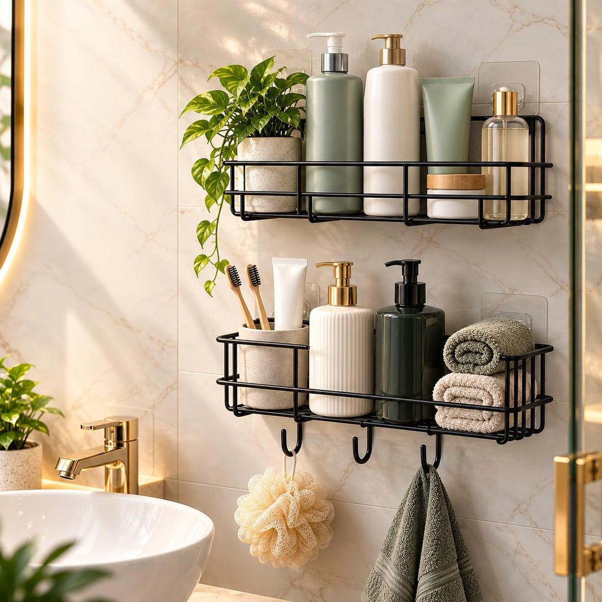 Design Embellish De Pack Of 2 Selfadhesive Bathroom Shelf Racks, Multipurpose Wall Mounted Storage Organizer, Nodrill Bathroom
