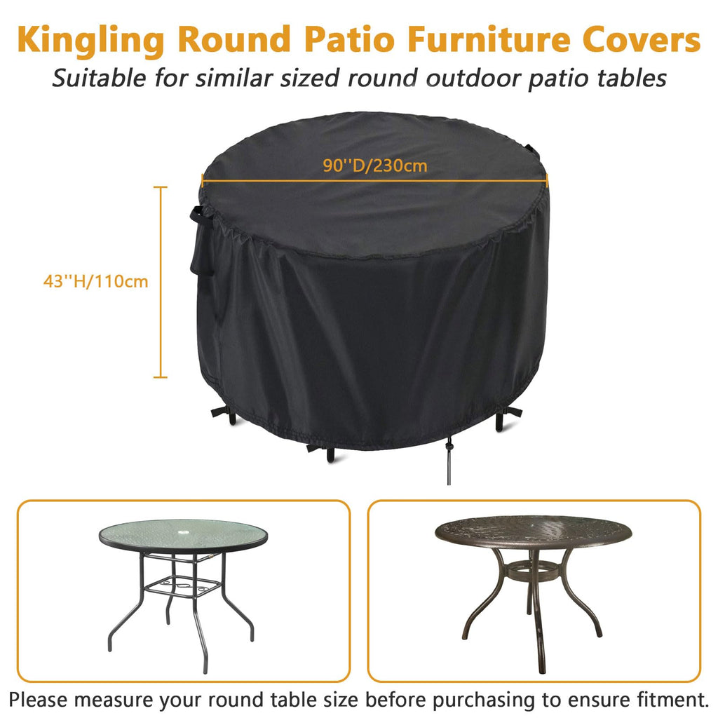 Kingling Round Patio Furniture Covers, Waterproof Outdoor Table Cover For 90''D X43''H, Heavy Duty Patio Cover For Round Table & Chair Sets, Outdoor Furniture Covers (Black)