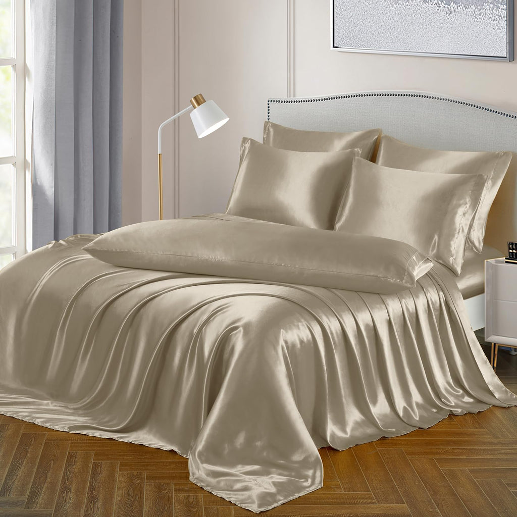 Ersmak 7 Pieces Satin Sheets Set King Size, Luxury Silky Sand Satin Bed Sheets Set With 1 Deep Pocket Fitted Sheet, 1 Soft Flat