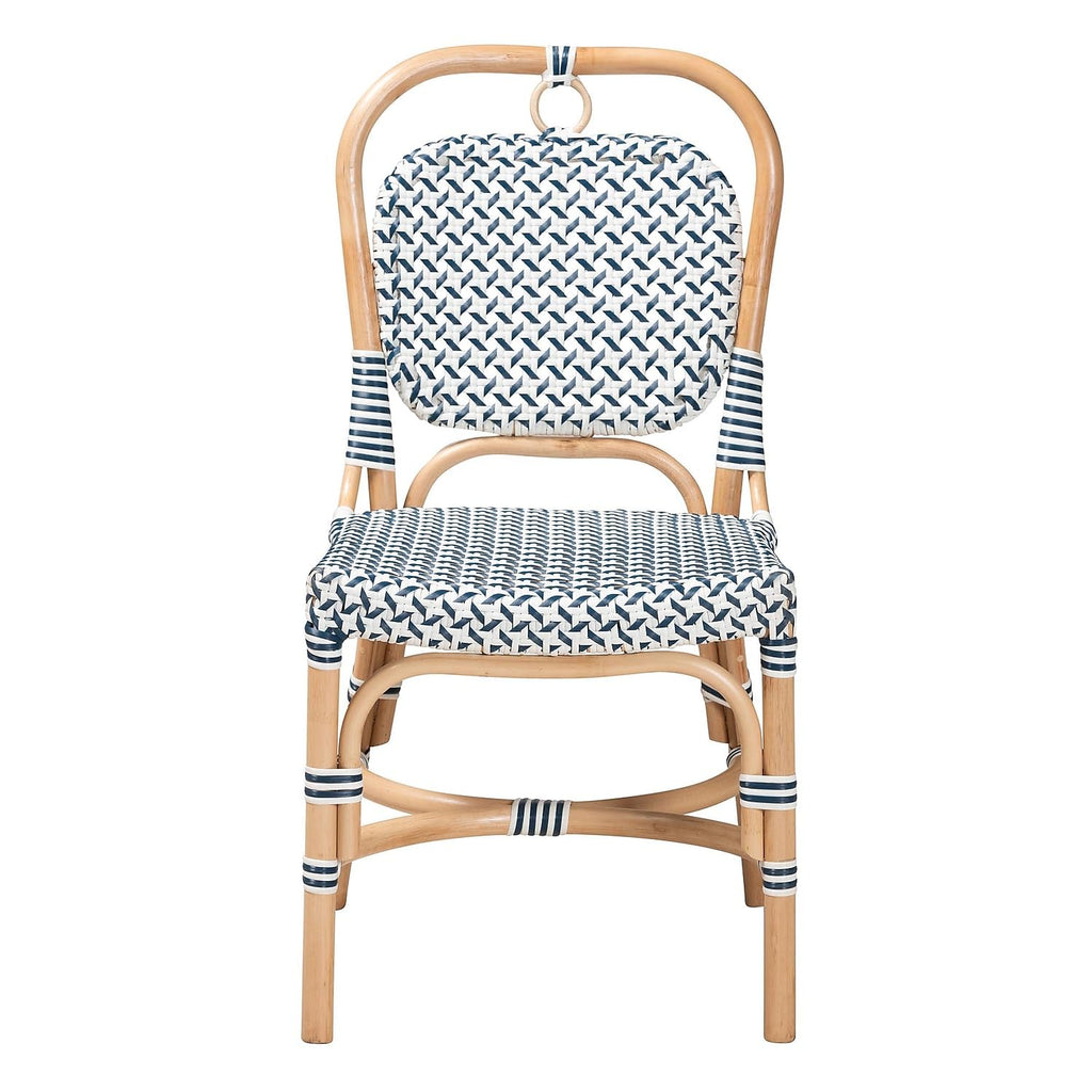 Baxton Studio Luciana Modern French Blue and White Weaving Natural Rattan Bistro Chair