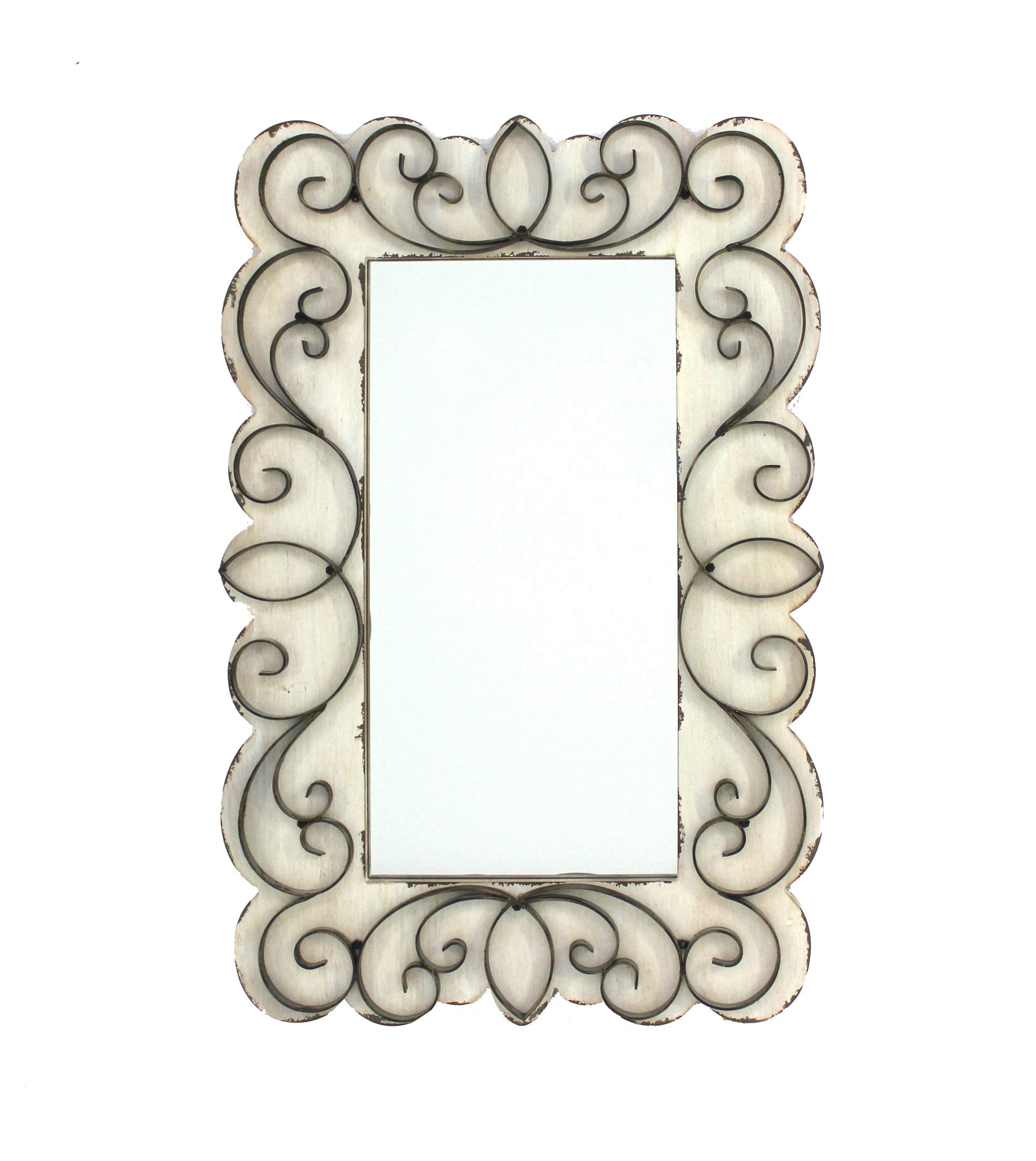 Benjara Rectangular Wall Mirror with Wooden Frame and Metal Scrolled Edges, White