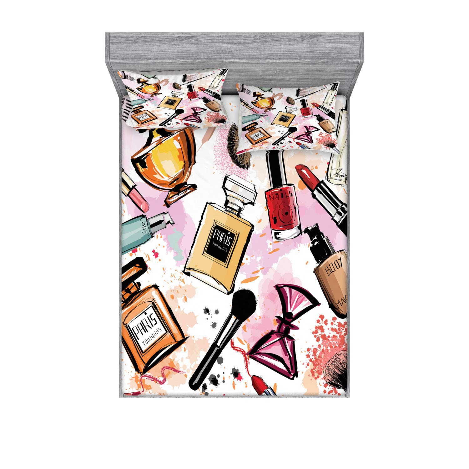 Ambesonne Fashion Fitted Sheet & Pillow Sham Set For Bedroom And Dorm Cosmetic And Makeup Theme Pattern Perfume Lipstick Nail Po