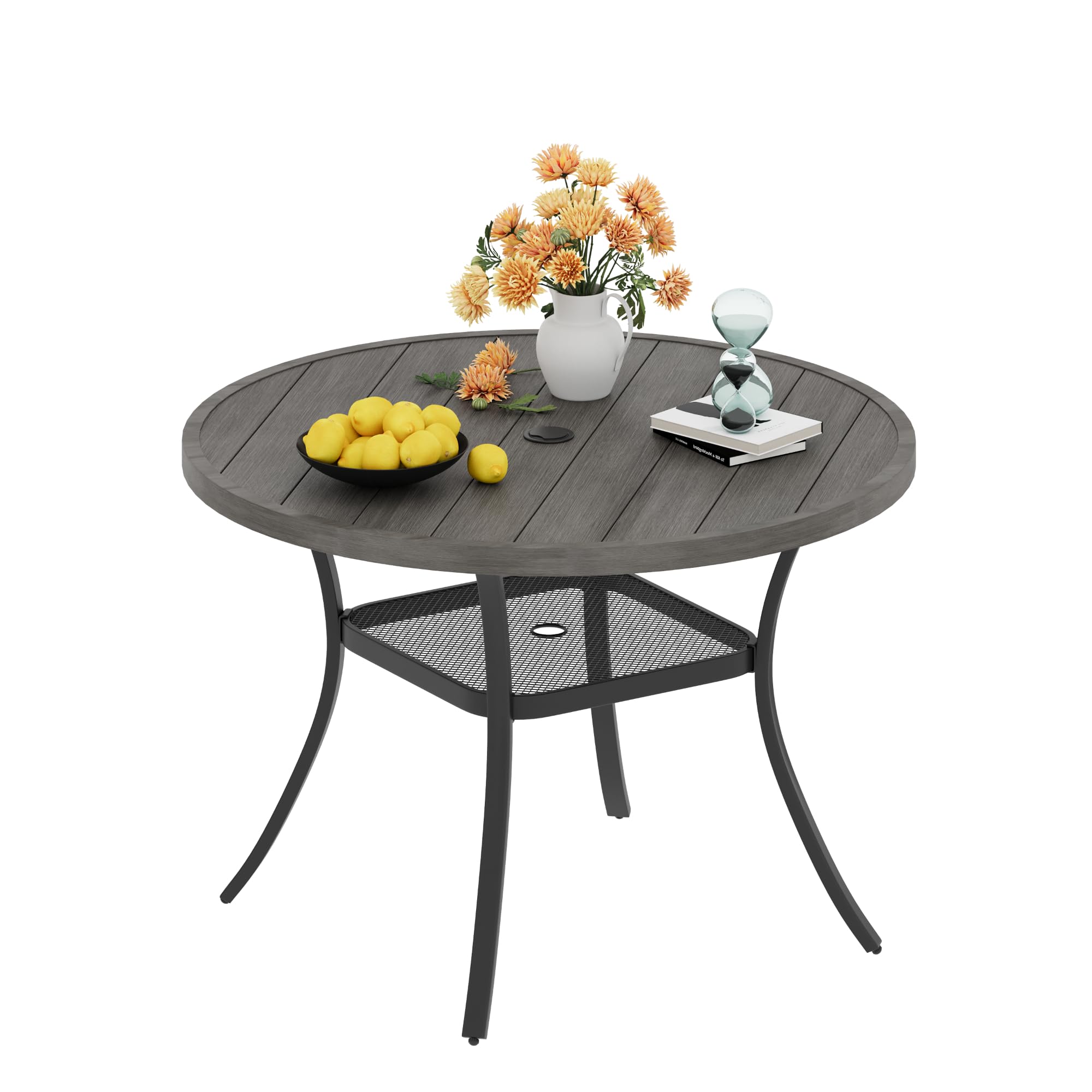 Vicllax Round Patio Dining Table, 4 Person Metal Outdoor Dining Table With Umbrella Hole & Storage Shelf For Garden Lawn Deck, 42' Grey