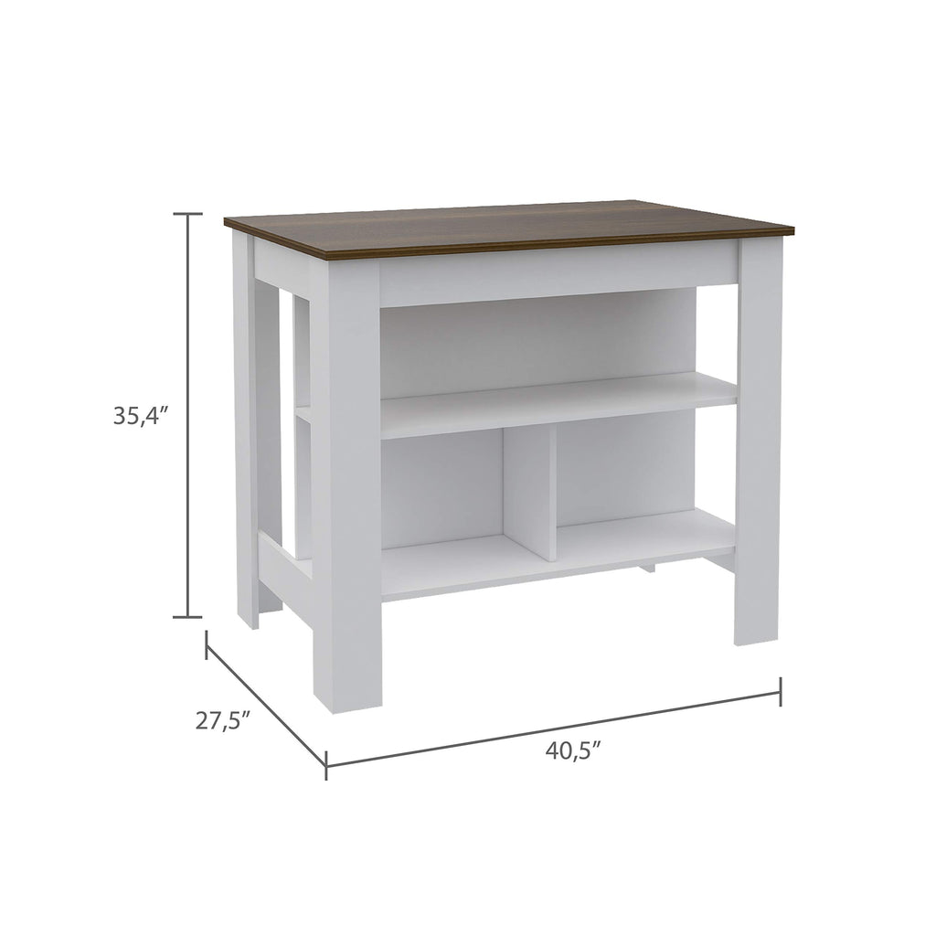 Kitchen Island, Kitchen Table 35" H, 4 Legs, 3 Open Storage Shelves, White/Walnut