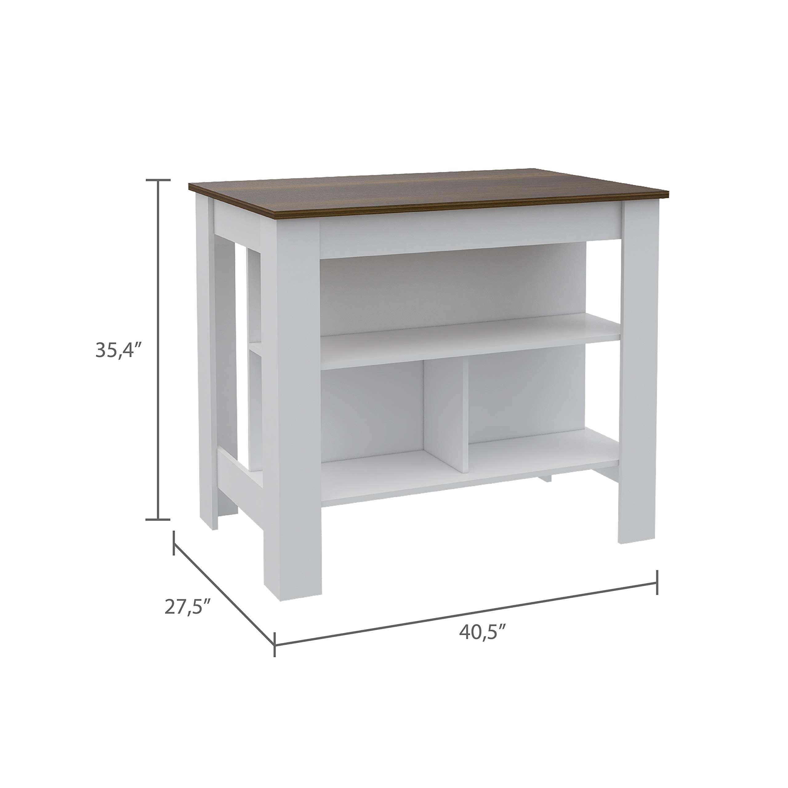 Kitchen Island, Kitchen Table 35" H, 4 Legs, 3 Open Storage Shelves, White/Walnut