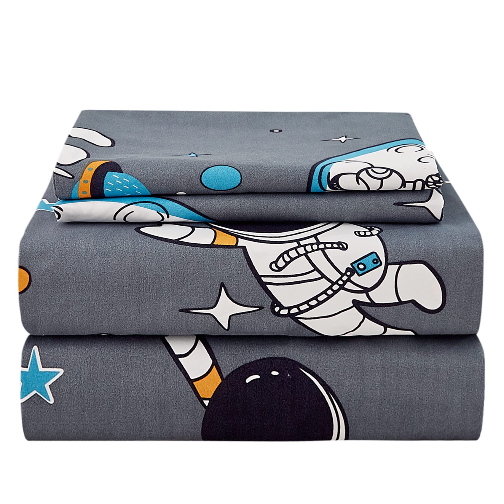 Jsd Grey Astronaut Planet Kids Sheet Set Full Size, 4 Piece Cute Space Adventure Printed Microfiber Sheets For Boys Deep Pocket