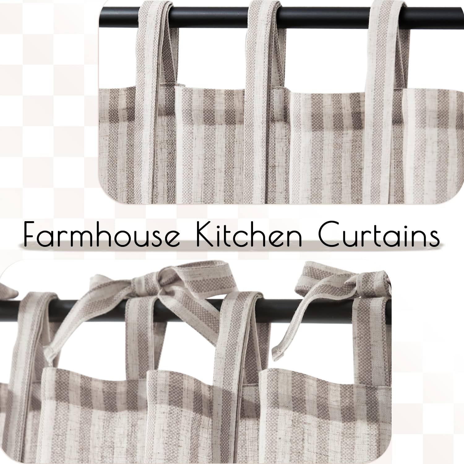 Jinchan Kitchen Curtains Striped Tie Top Linen Tier Curtains 24 Inch Length Short Curtains For Bedroom Living Room Bathroom Farmhouse Light Filtering Rod Pocket Cafe Curtains 2 Panels Grey On Beige