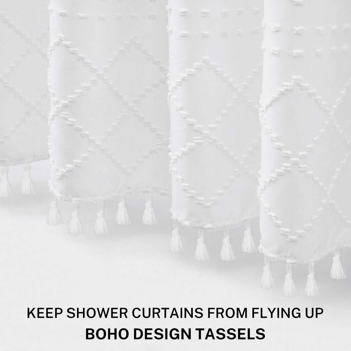 Boho White Woven Fabric Short Shower Curtain With Tassels 72 X 66 Modern Farmhouse Minimalist Tufted Chevron Striped Shabby Chic
