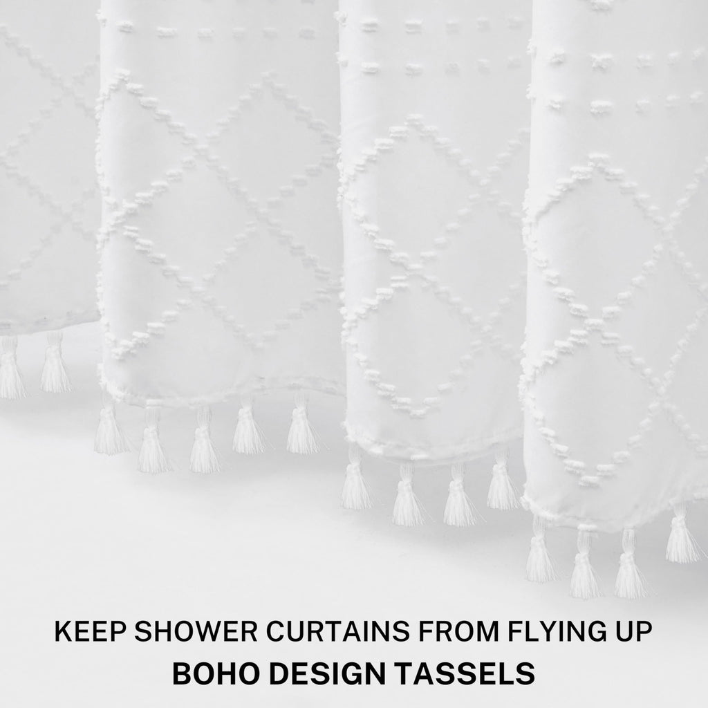 Extra Long White Textured Woven Fabric Boho Shower Curtain With Tassels 72 X 90 Modern Farmhouse Minimalist, Tufted Chevron Stri