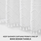Extra Long White Textured Woven Fabric Boho Shower Curtain With Tassels 72 X 90 Modern Farmhouse Minimalist, Tufted Chevron Stri