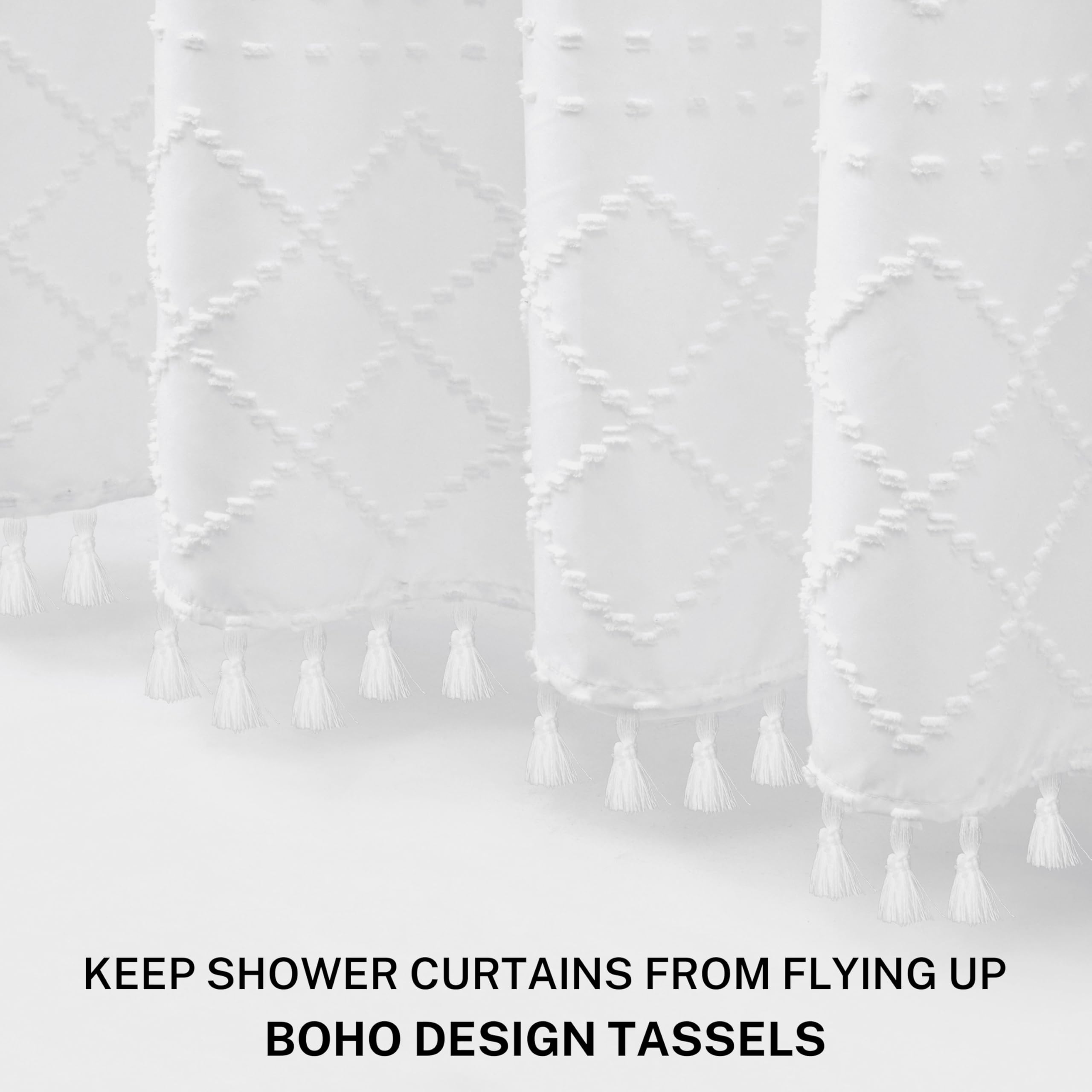 Extra Long White Textured Woven Fabric Boho Shower Curtain With Tassels 72 X 90 Modern Farmhouse Minimalist, Tufted Chevron Stri