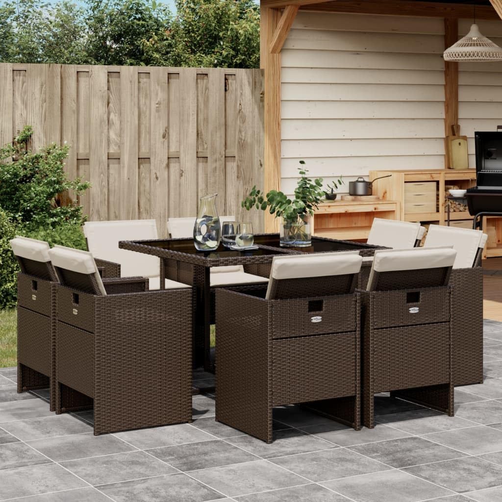 vidaXL Patio Dining Set with Cushions - 9 Piece Brown Poly Rattan Furniture for Outdoor/Garden/Backyard/Deck with Compact Storage and Tempered Glass Table