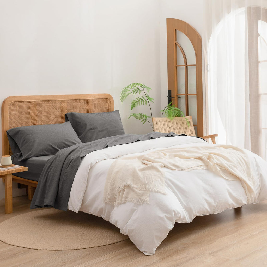 Bestouch Sheet Set 100% Washed Cotton Linen Feel Super Soft Comfortable Chic Lightweight 4 Pcs Home Bedding Set Solid Dark Grey