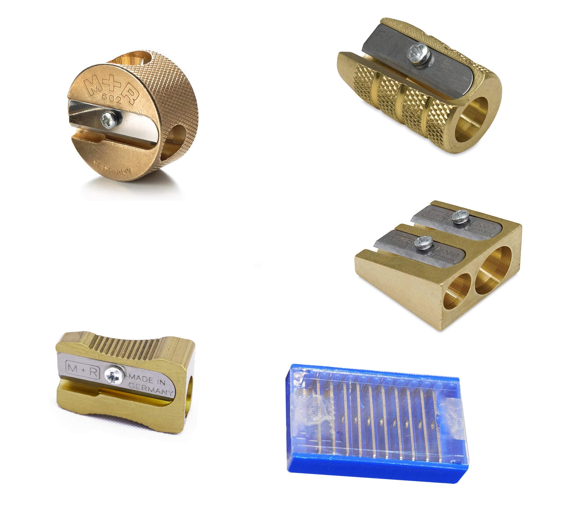 Complete Set 4 Styles Of Mobius + Ruppert (M+R) Brass Pencil Sharpeners + 10 Replacement Blades - Finest In The World - Made In