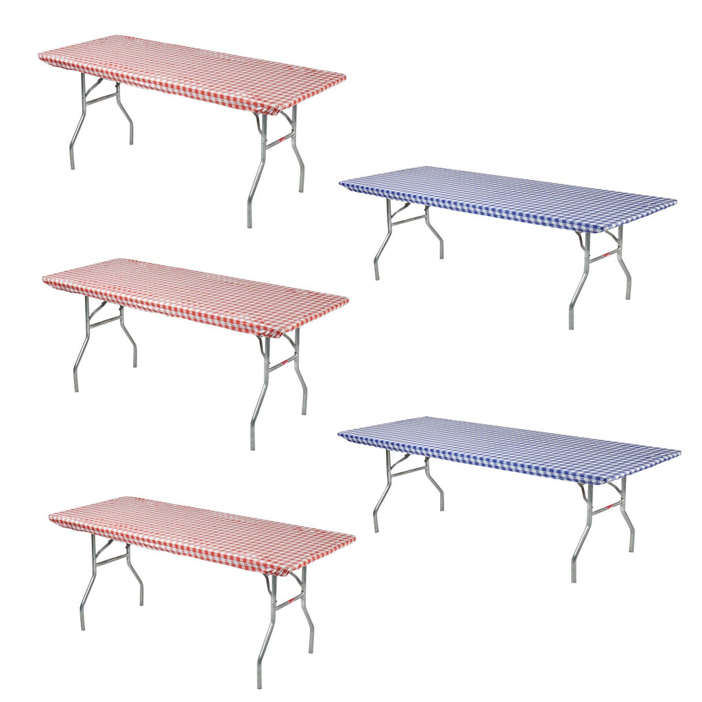 Kwik-Covers 6' Rectangle Plastic Table Covers 30' X 72', Bundle Of 5 (Red & Blue Gingham)