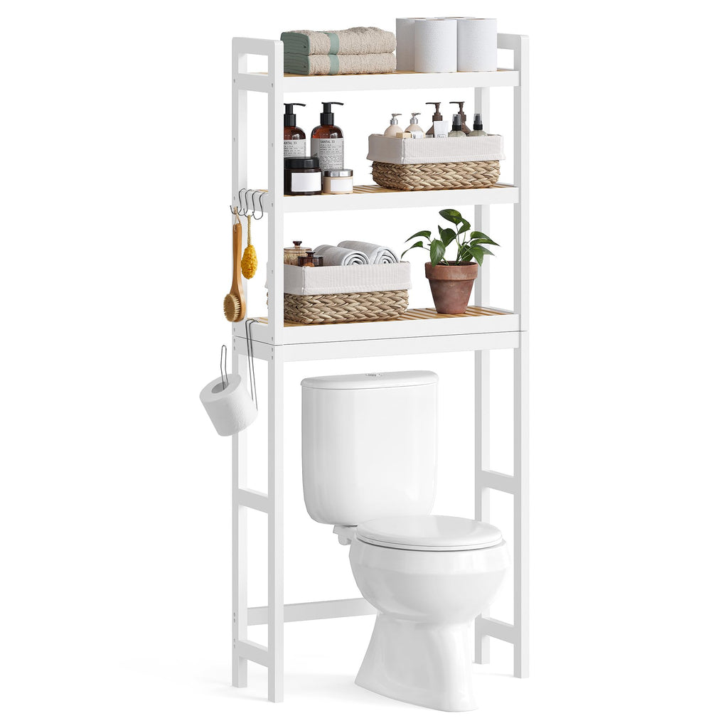 Songmics Over The Toilet Storage, 3-Tier Over Toilet Bathroom Organizer With Adjustable Shelf, Fit Most Toilets, Space-Saving, Cloud White And Natural Beige Ubts001W02