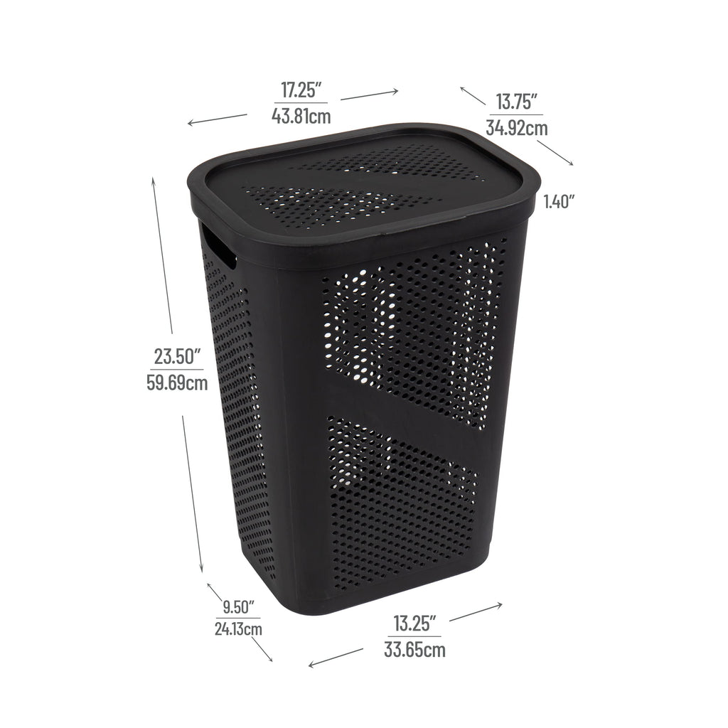 Mind Reader 60L Slim Laundry Hamper, Clothes Basket, Lid, Ventilated, Plastic, 17.25''L X 13.75''W X 23.5''H, Black