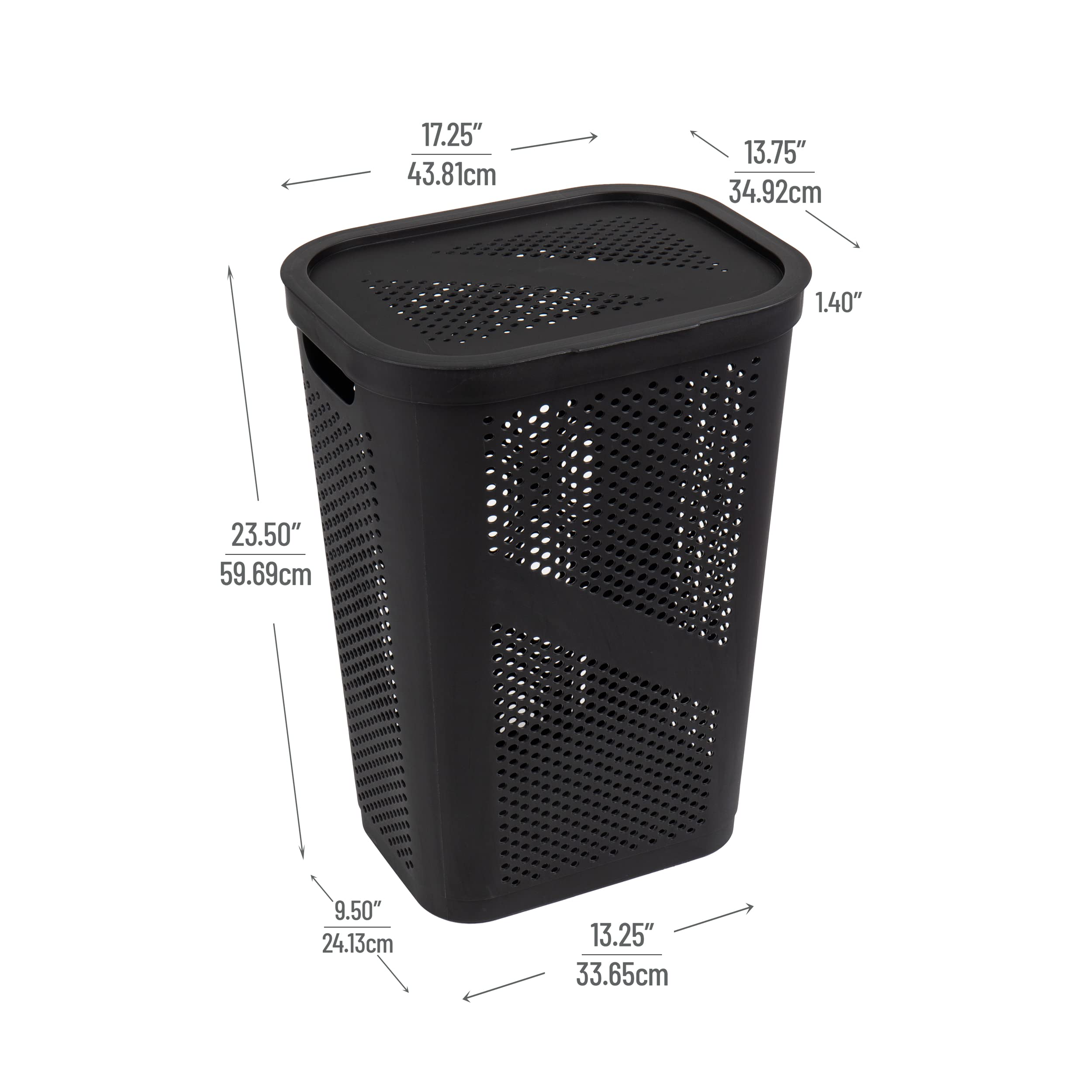 Mind Reader 60L Slim Laundry Hamper, Clothes Basket, Lid, Ventilated, Plastic, 17.25''L X 13.75''W X 23.5''H, Black