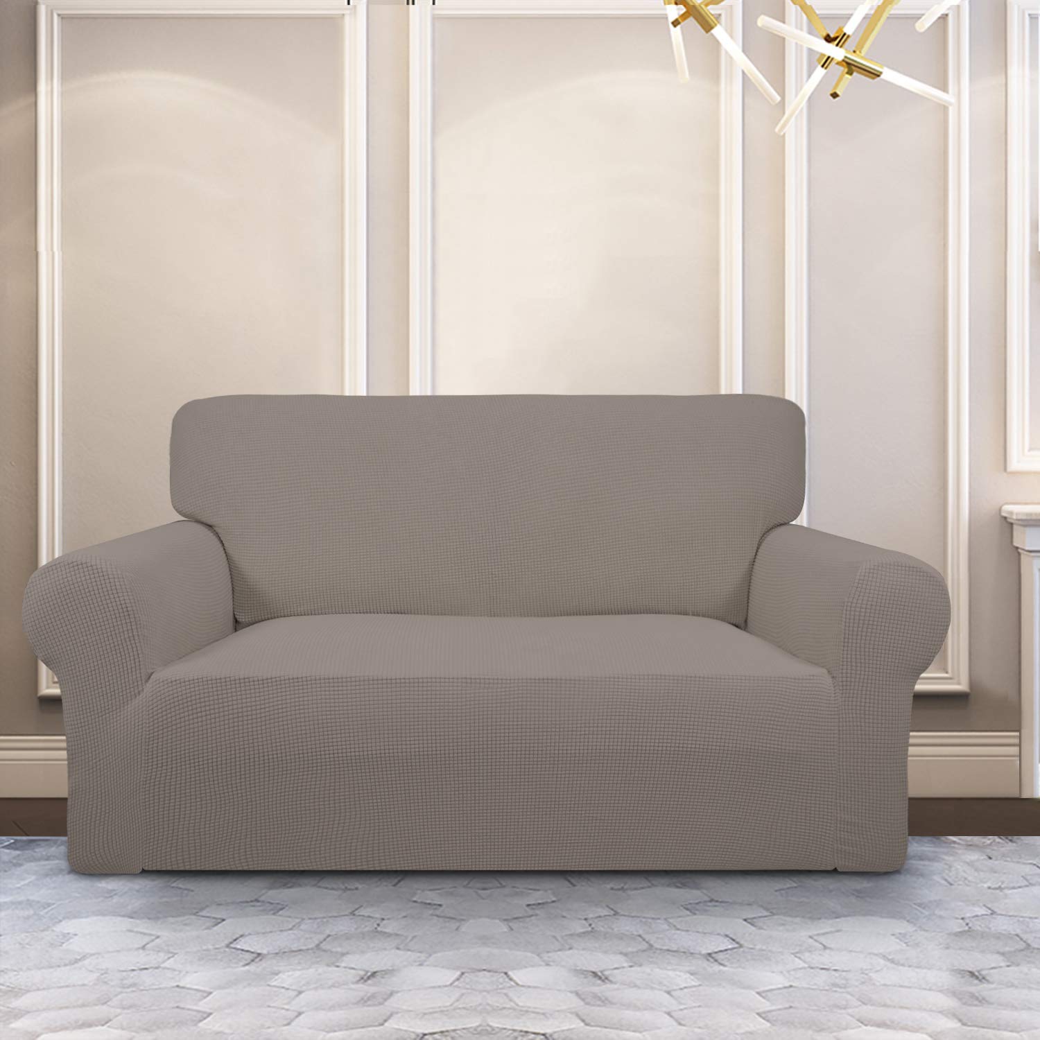 Purefit Stretch Loveseat Sofa Slipcover – Spandex Jacquard Non Slip Soft Couch Sofa Cover, Washable Furniture Protector With Non Skid Foam And Elastic Bottom For Kids (Loveseat, Taupe)
