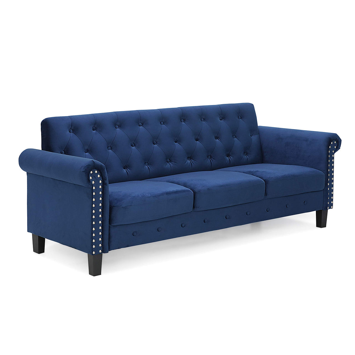 Furinno Bastia Vintage Modern Chesterfield Button Tufted 3-Seater Sofa Couch For Living Room, Navy Velvet