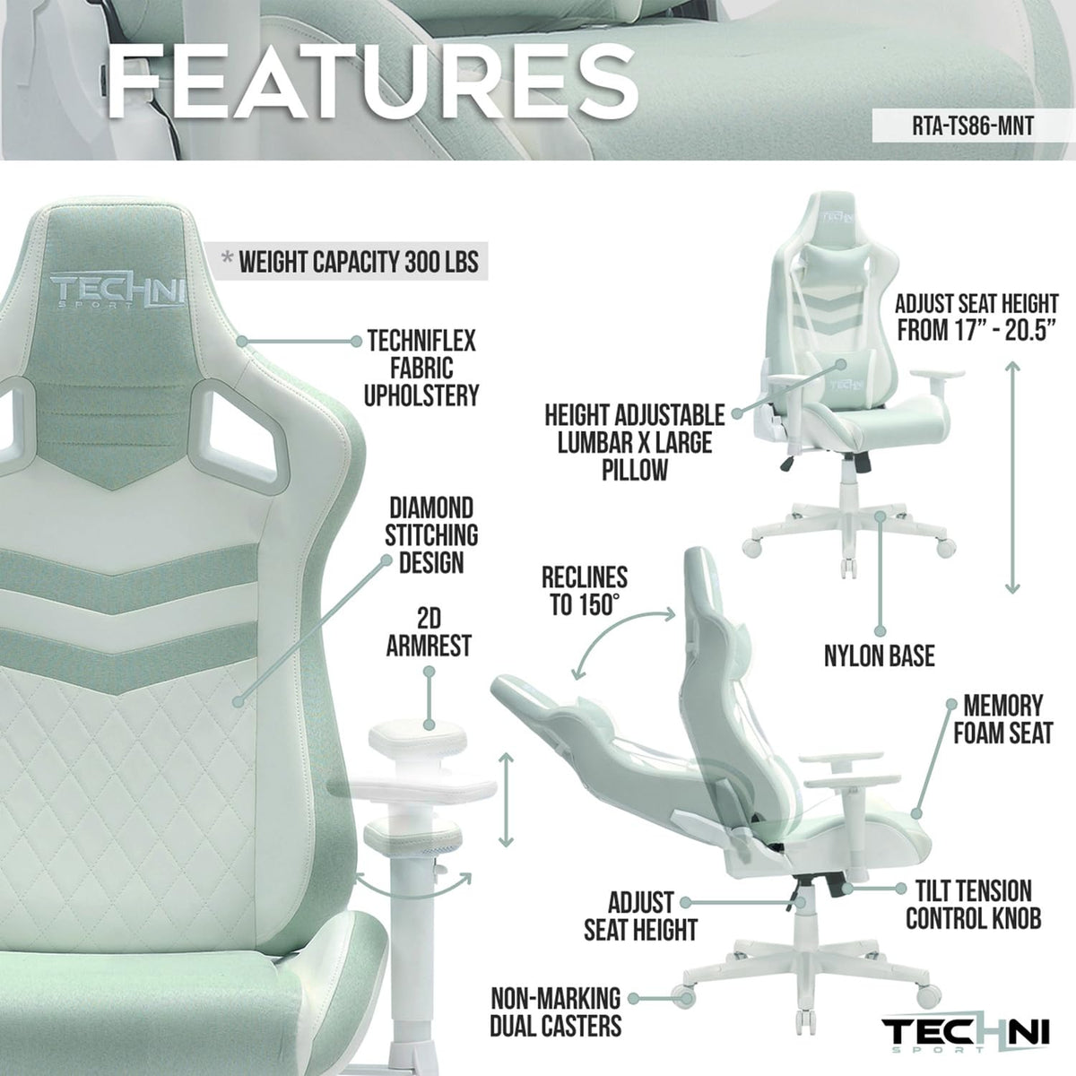 Techni Sport 17" Modern Fabric Ergonomic Gaming Chair in Mint Green/White