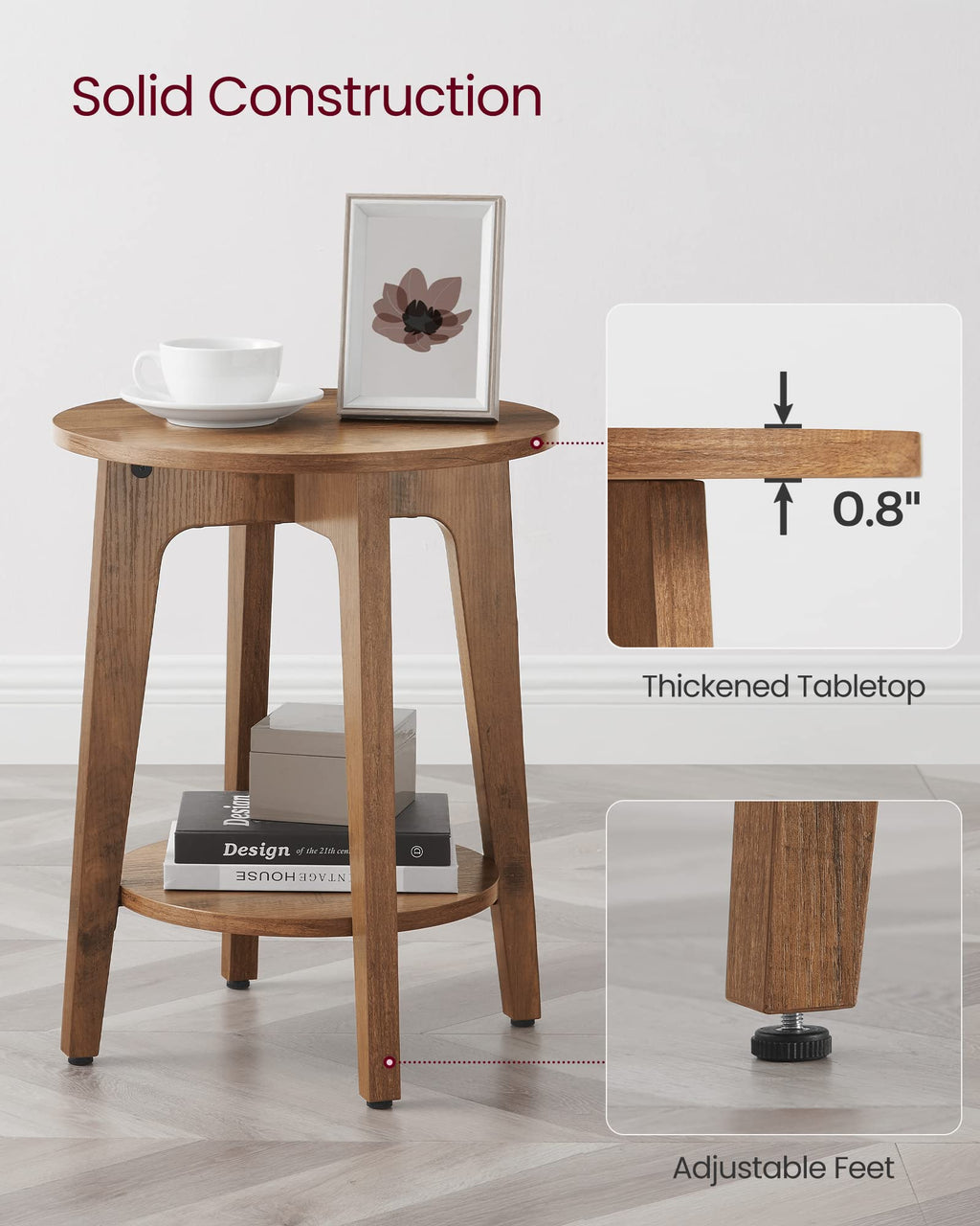 Vasagle Side Table, Small Round End Table With Lower Shelf, Nightstand For Small Spaces, Living Room, Bedroom, Rustic Walnut Ulet283T41