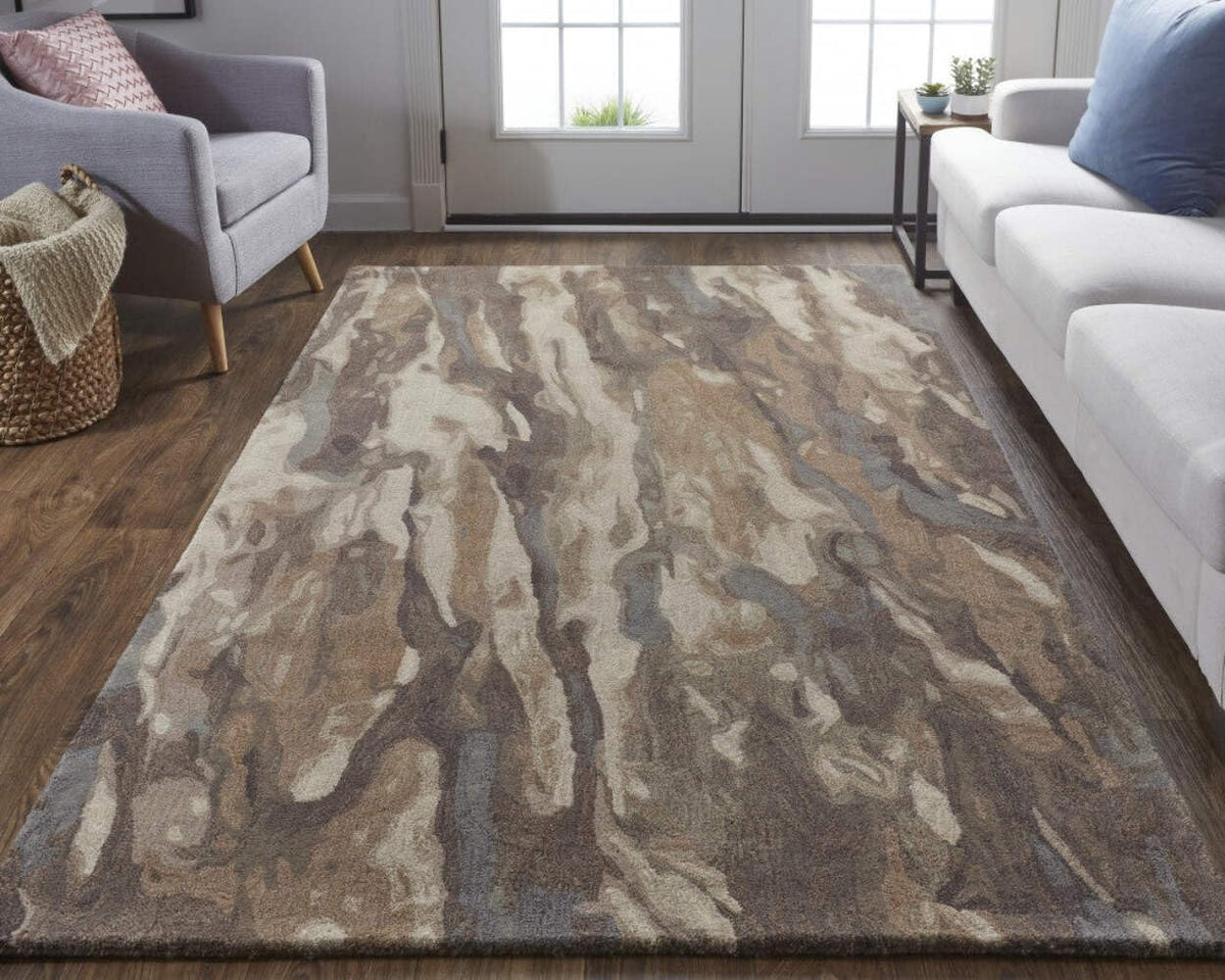 HomeRoots 512732 8 x 10 ft. Brown Gray & Tan Wool Abstract Hand Tufted Handmade Stain Resistant Rectangle Area Rug