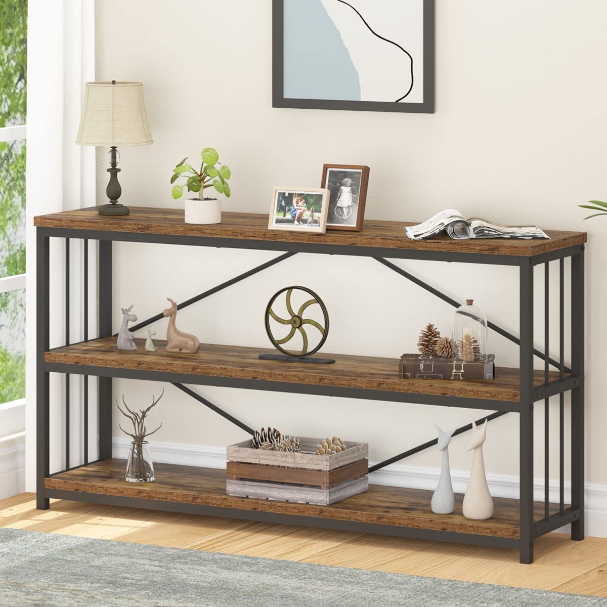 LVB Industrial Console Entryway Table, Metal Wood Rustic Sofa Table with Storage, Farmhouse 3 Tier Shelf Long Hallway Foyer Entr