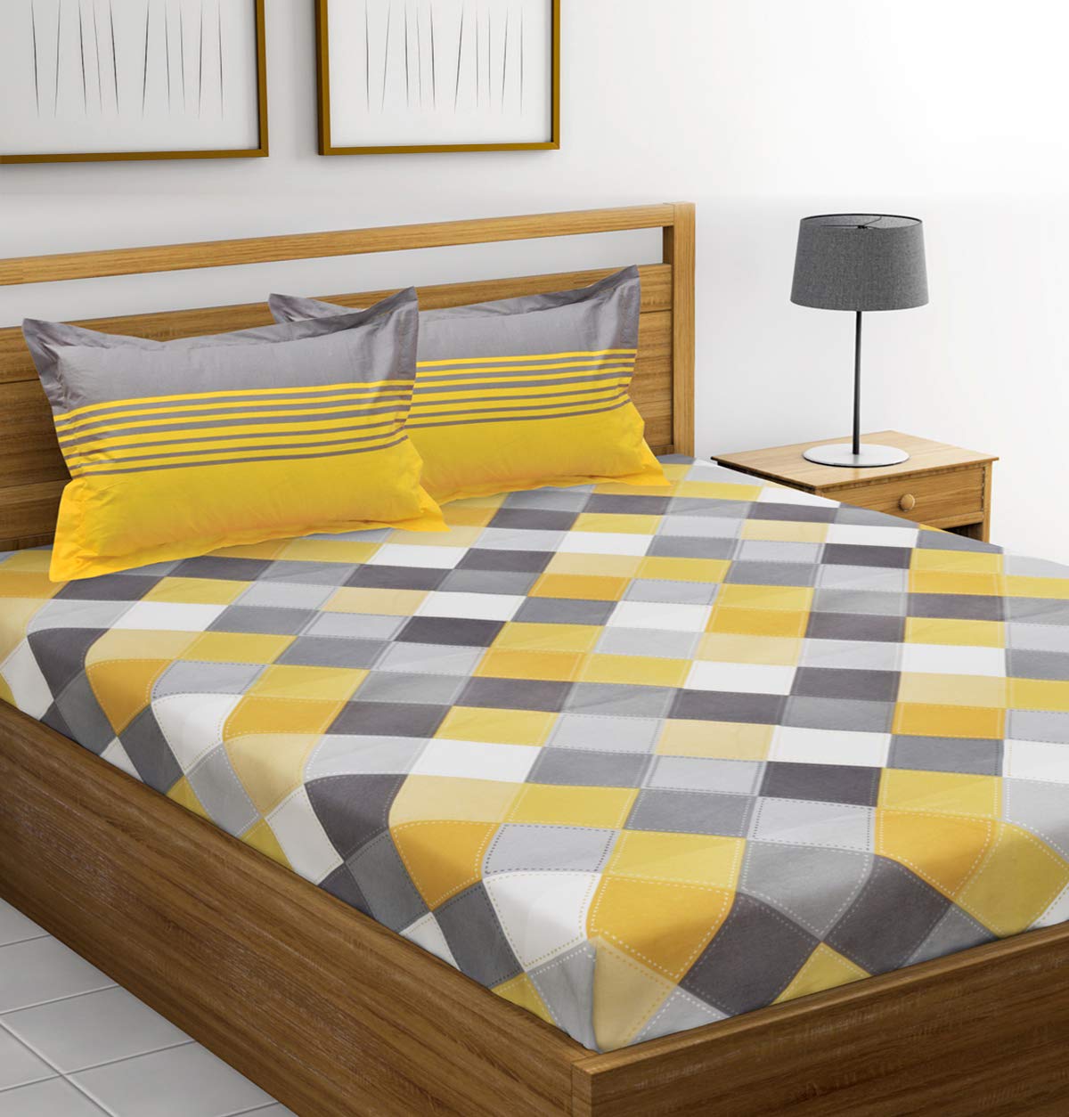 Huesland By Ahmedabad Cotton 144 Tc Cotton Double Bedsheet With 2 Pillow Covers  Yellow, Grey
