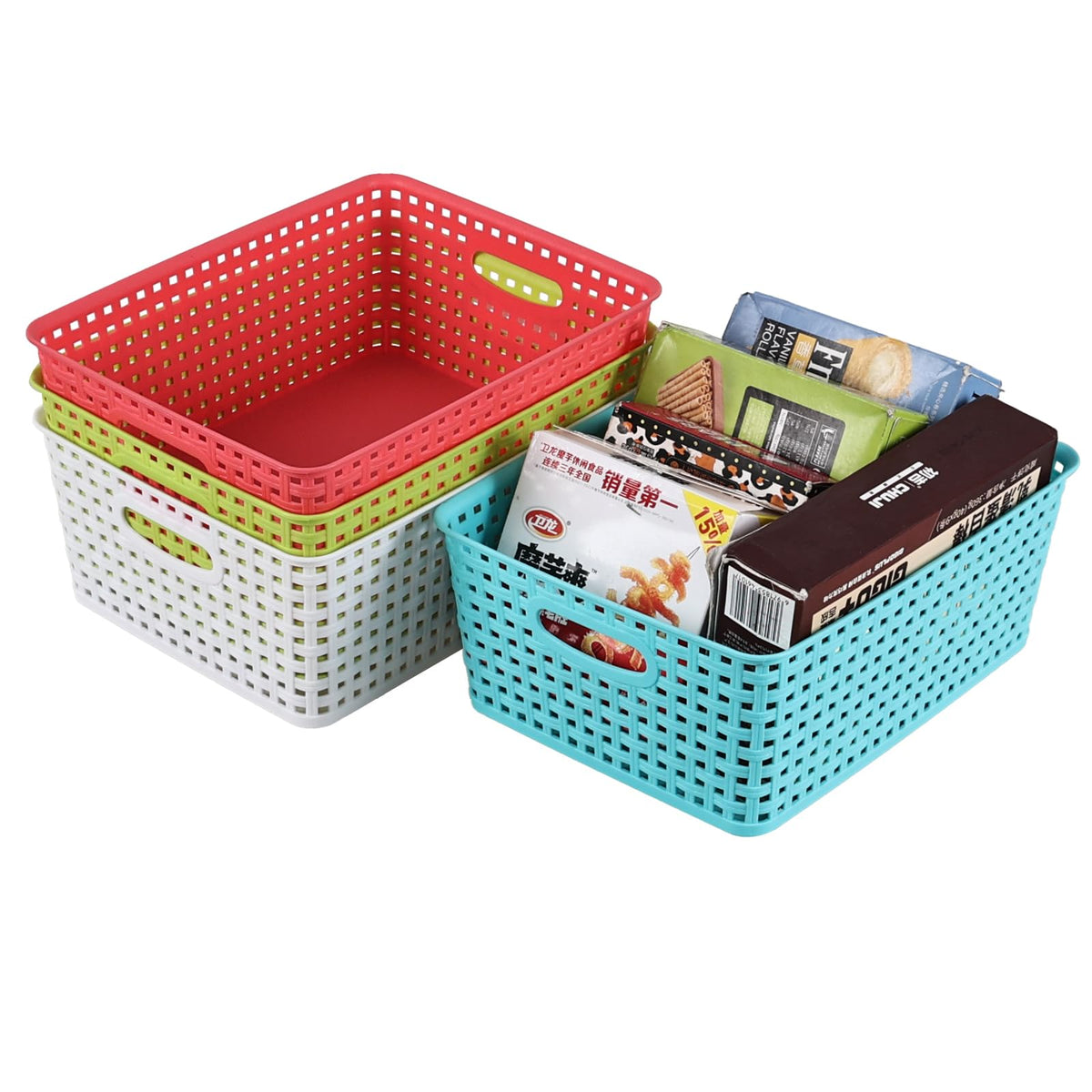 Guankan Plastic Storage Basket, Plastic Woven Storage Baskets, 4 Packs