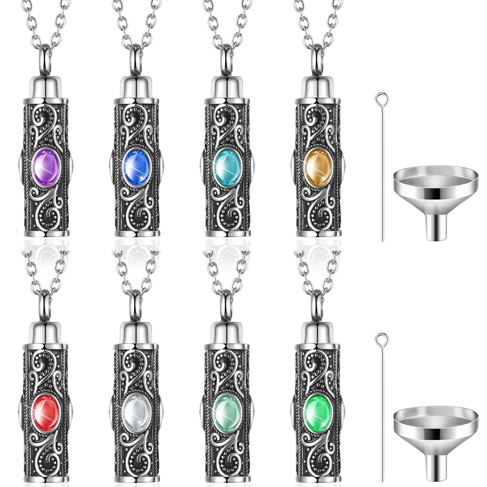 Highergo 8 Pieces Urn Necklace for Ashes Cremation Jewelry Cylinder Crystal Urn Pendant Silver Stainless Steel Memorial Pendant 