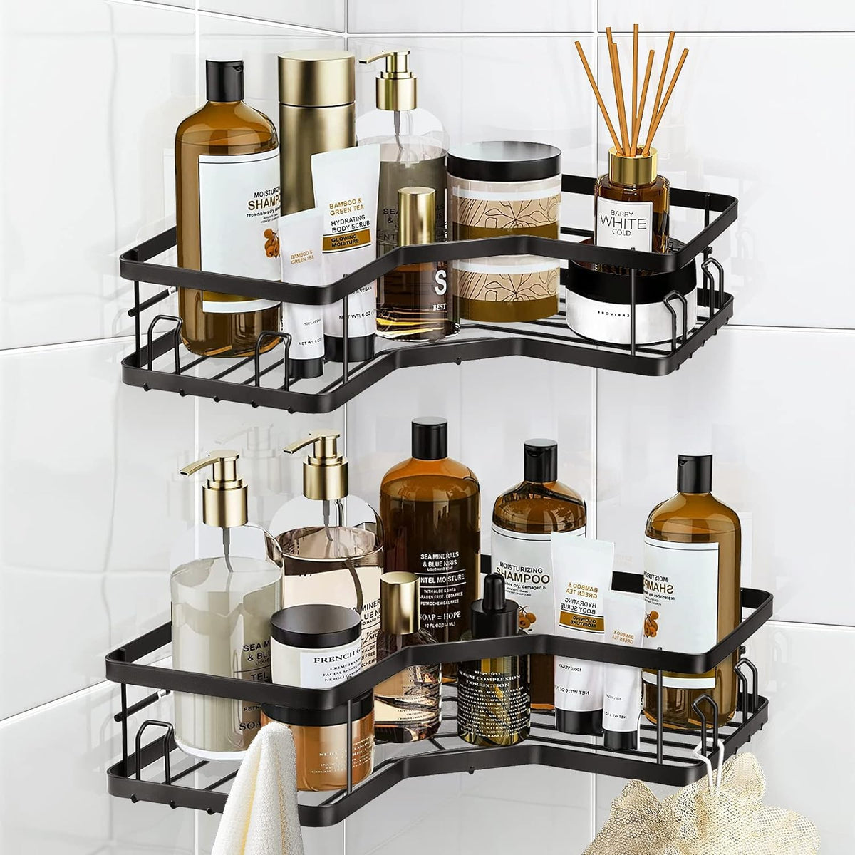 Jialto 2 Pcs Bathroom Corner Shelves, Metal Bathroom Shelf For Wall, Black Bathroom Organiser, Wall Mounted Bathroom Rack And Co