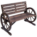 Outsunny 41 Wooden Wagon Wheel Bench, Rustic Outdoor Patio Weather Resistance Furniture, 2-Person Slatted Seat Bench with Backre