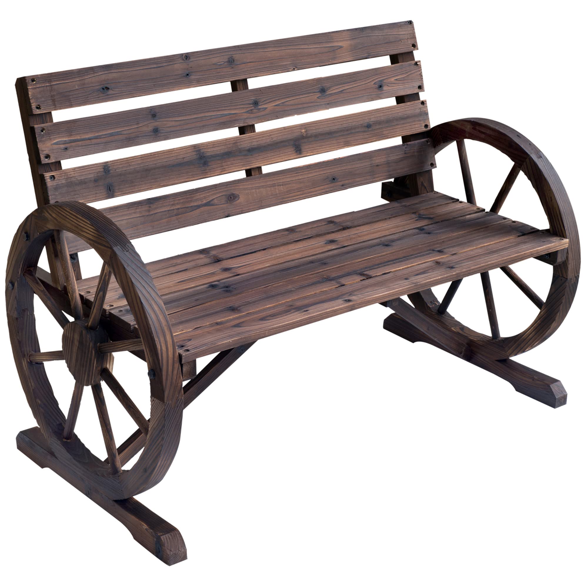 Outsunny 41 Wooden Wagon Wheel Bench, Rustic Outdoor Patio Weather Resistance Furniture, 2-Person Slatted Seat Bench with Backre