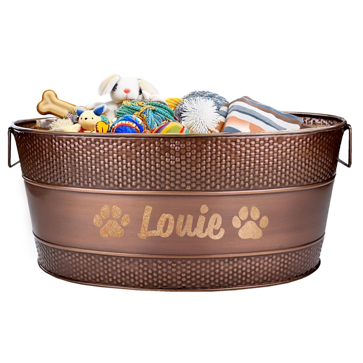 Personalized Metal Dog Toy Bin - Copper Galvanized Storage Bin with Handles, Basket for Pet Toys, Dog Toy Box, Pet Storage - Cus