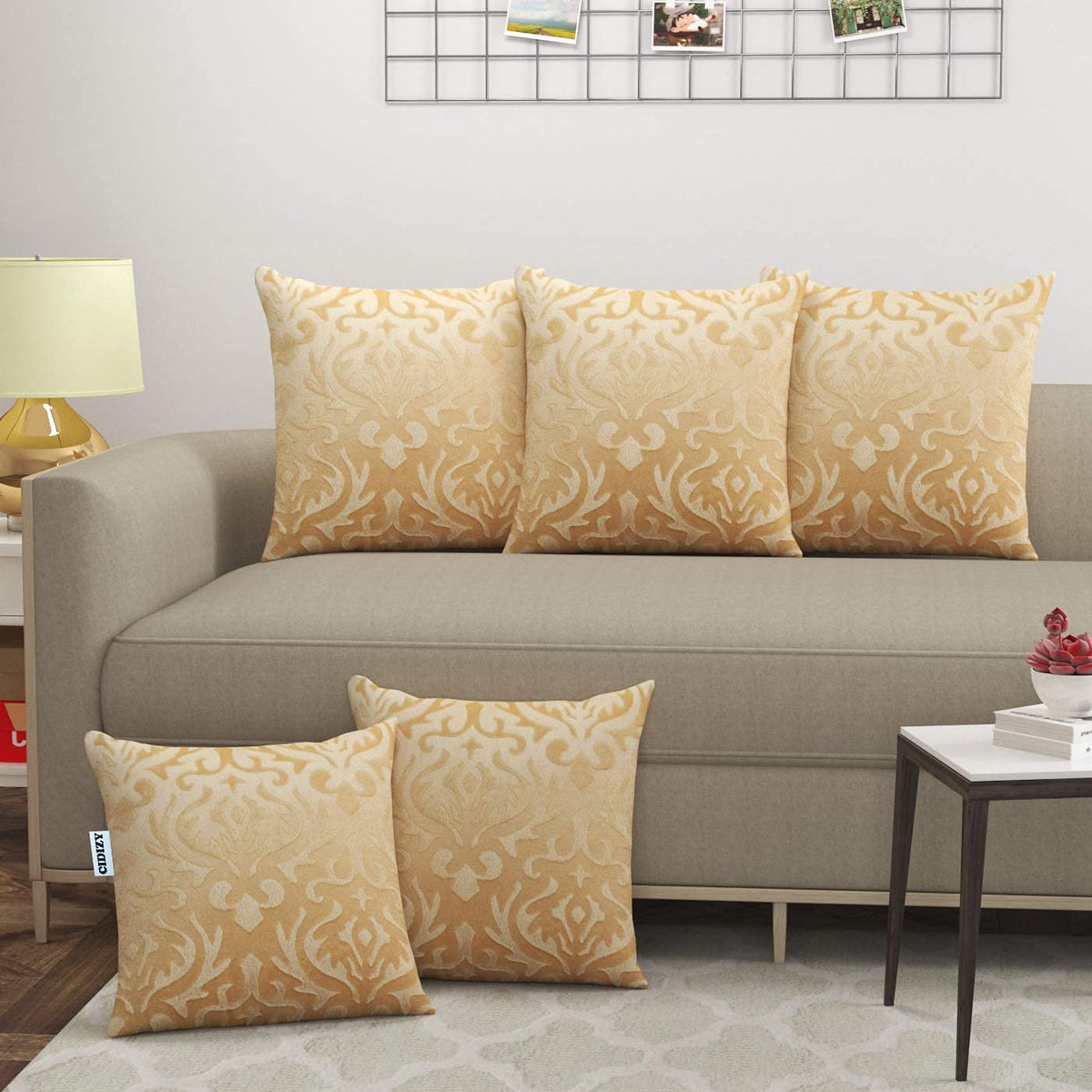 Cidizy Velvet Beige Cream Cushion 200 Tc Covers, 20X20 Inch, Set Of 5