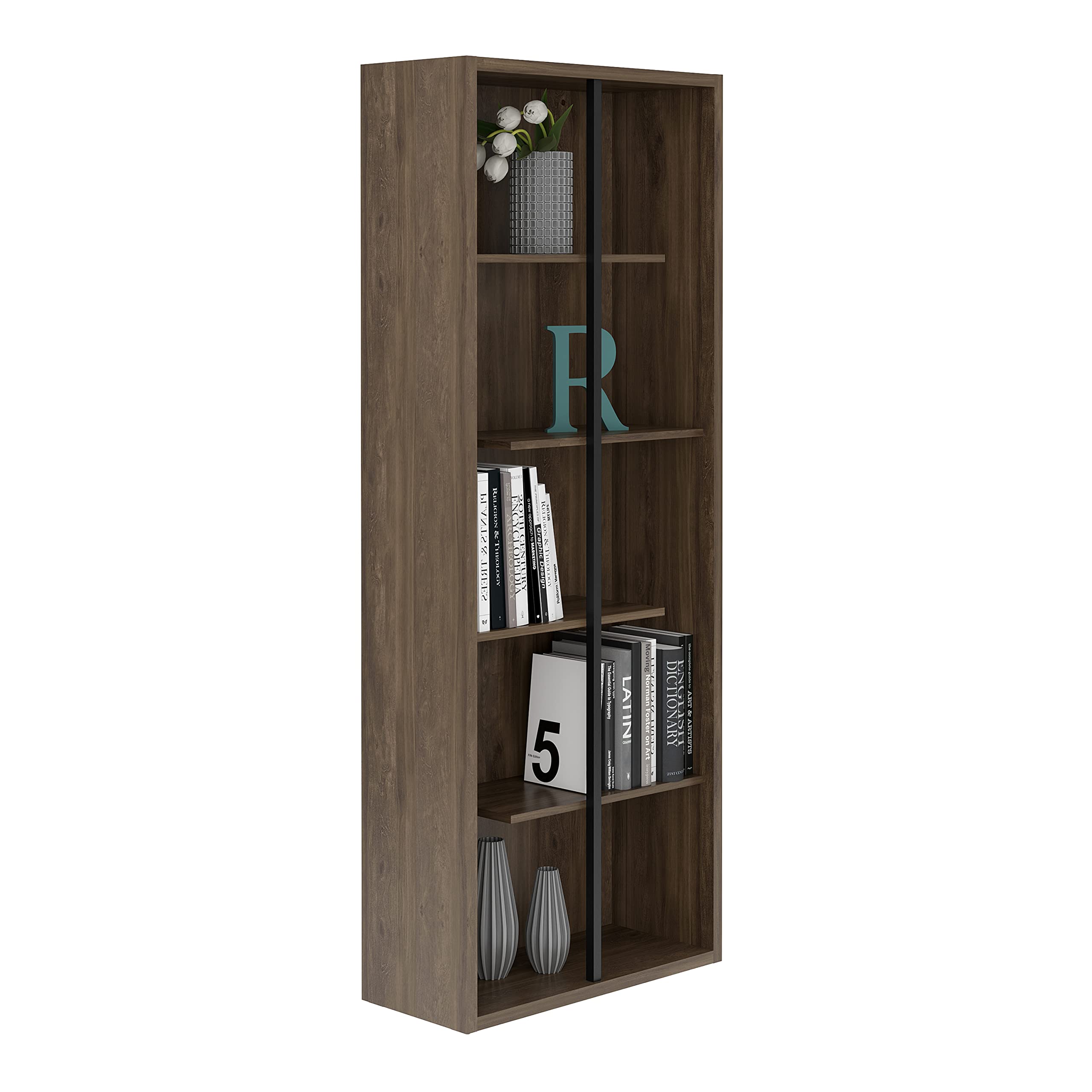 Techni Mobili 5-Shelf Tall Bookcase, Tall Wood Bookshelf with Asymmetrical Shelves, Bookcase for Living Room Decor or Home Offic
