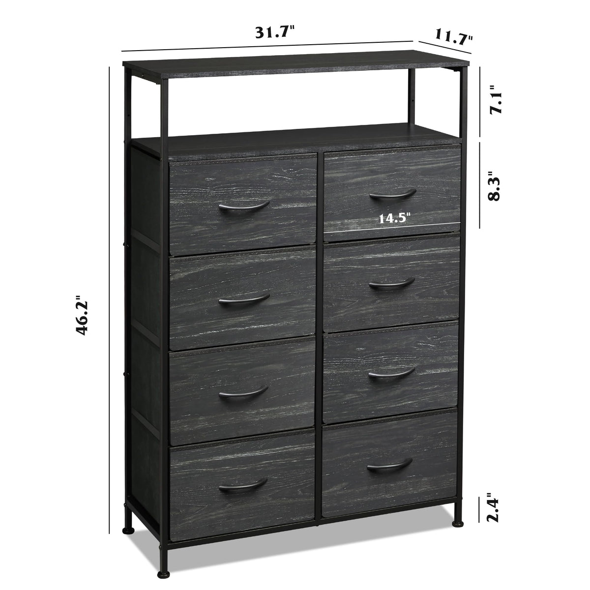 Wlive Fabric Dresser For Bedroom With Open Shelves, Tall Dresser With 8 Drawers, Storage Tower With Fabric Bins, Chest Of Drawers For Closet, Living Room, Hallway, Charcoal Black Wood Grain Print