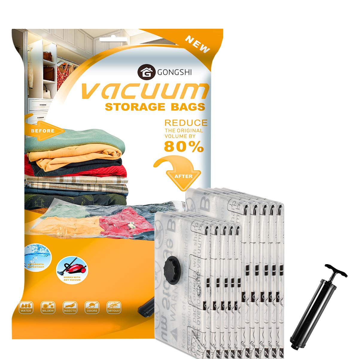 Vacuum Storage Bags (5 x Jumbo, 5 x Large), Space Saver Sealer Compression Bags with Travel Hand Pump for Blankets, Comforters, 