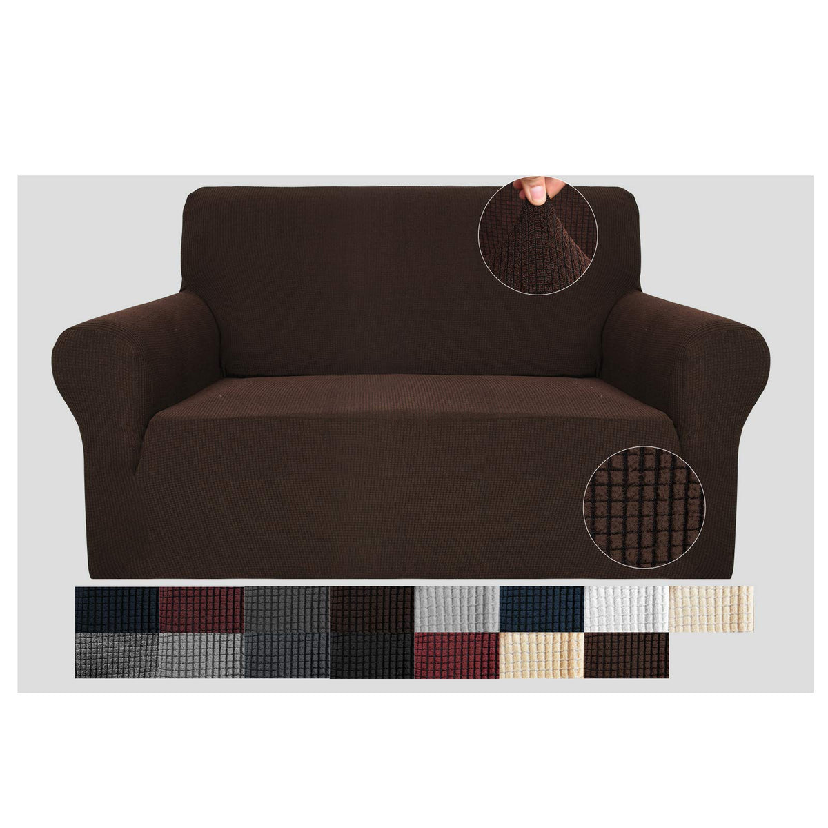 Jiviner High Stretch 1-Piece Jacquard Small Checks Couch Covers For 2 Cushion Couch Anti Slip Love Seat Sofa Covers Loveseat Slipcovers Protector For Kids Pets (Loveseat, Coffee)