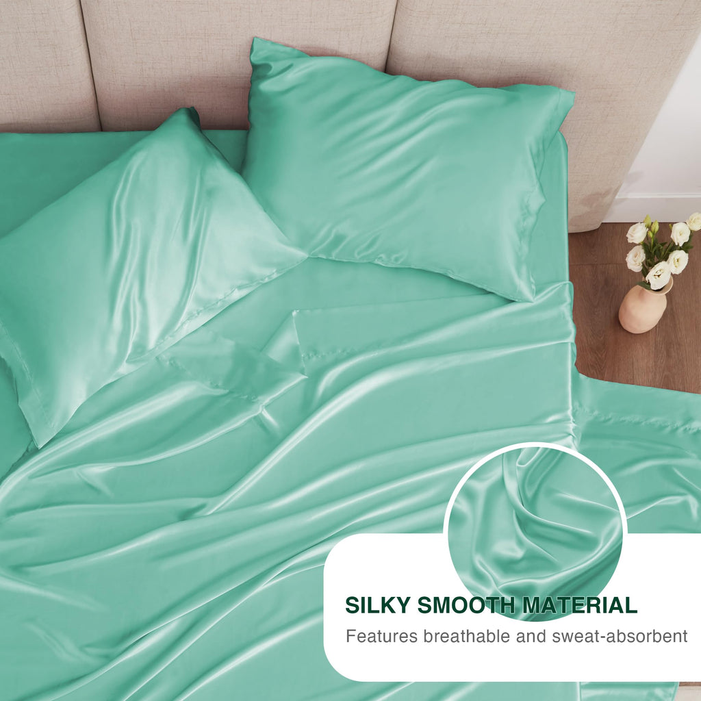 Love'S Cabin Twin Satin Sheets Sets - 3 Piece Aqua Silky Satin Bed Sheets Twin With Deep Pockets, Luxury Silk Feel Satin Twin Size Sheet Set Bedding Set (1 Flat Sheet,1 Fitted Sheet,1 Pillow Case)