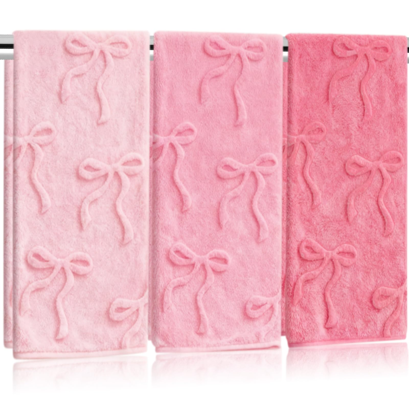 Whaline 3Pcs Valentine s Day Pink Bow Hand Towel 3D Jacquard Cotton Towel Absorbent Coquette Dish Towels for Home Kitchen Bathr