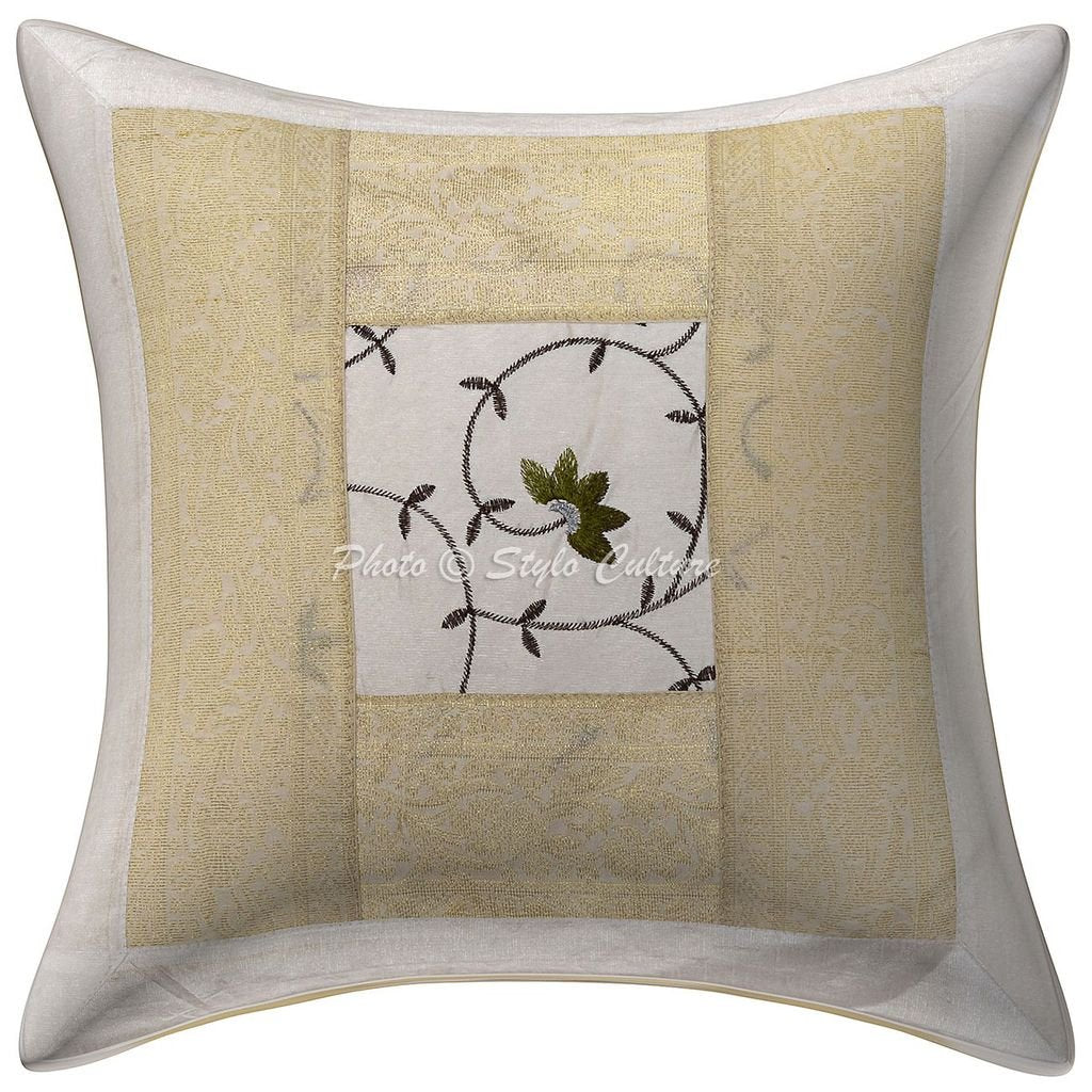 Stylo Culture Decorative Polydupion Cushion Cover 16 Inch X 16 Inch Embroidered Brocade Patchwork White Living Room Decor Floral
