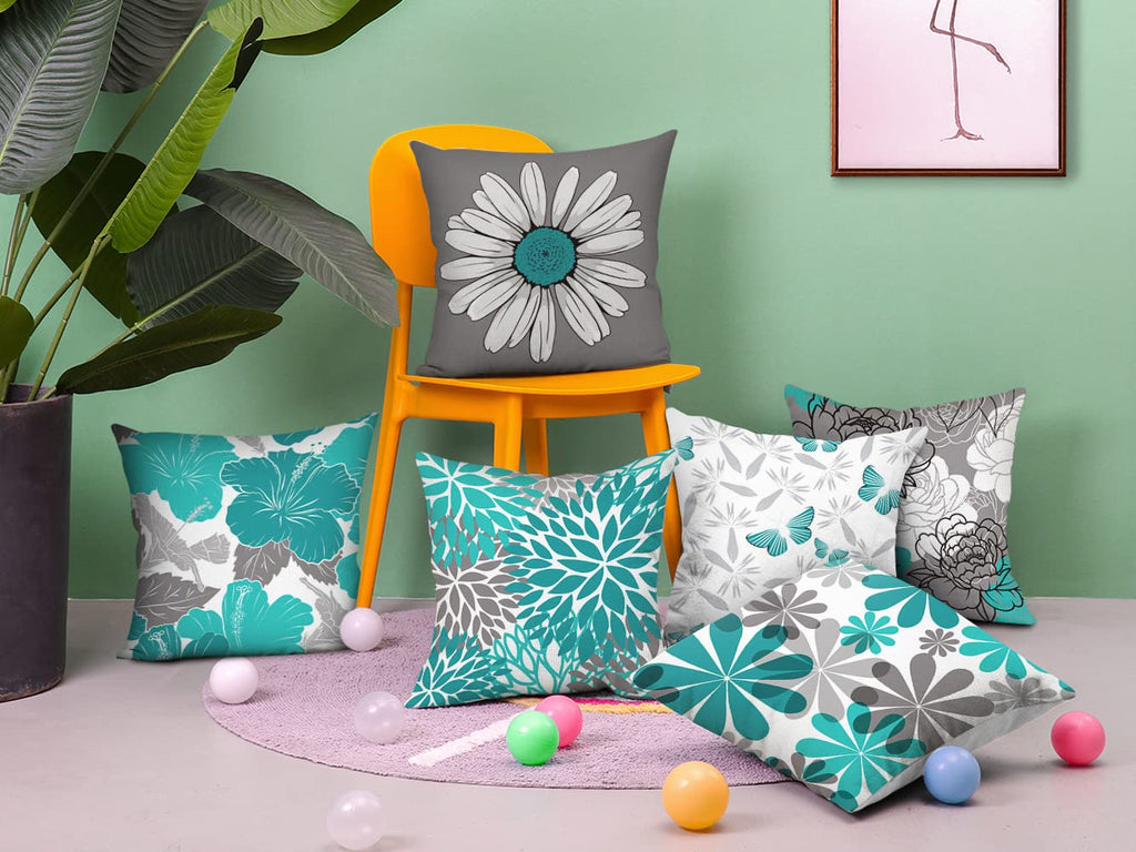 Comminy Teal Grey Pillow Covers 16X16 Set Of 6 Decorative Daisy Flower Throw Pillow Cover For Couch Modern Turquoise Pillow Case