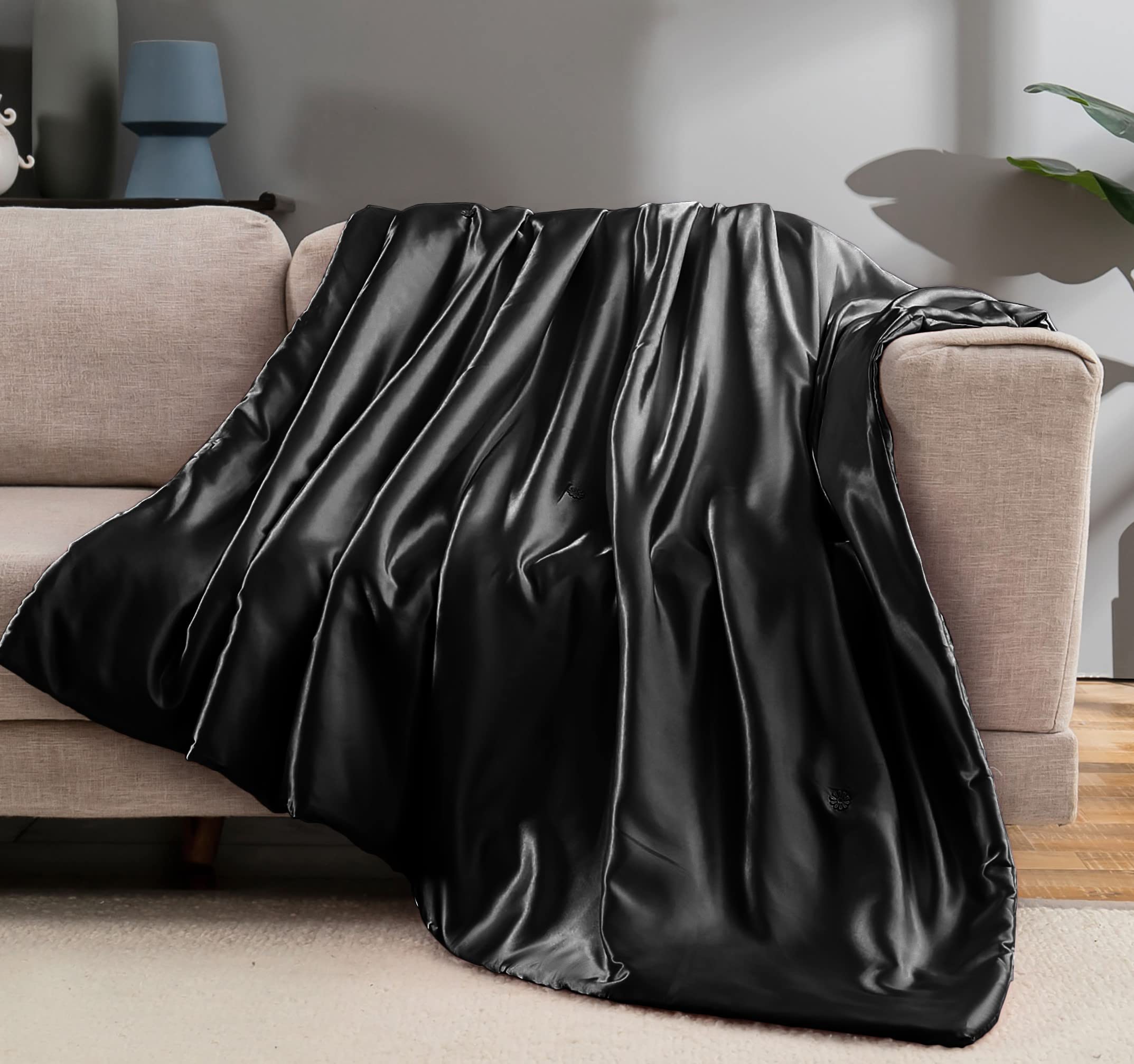 Vonty Satin Throw Blanket Black Satin Blankets 50X60 Inches(With Small Flowers), Cooling & Silky Throw Blanket Wrinkle-Free Cabl