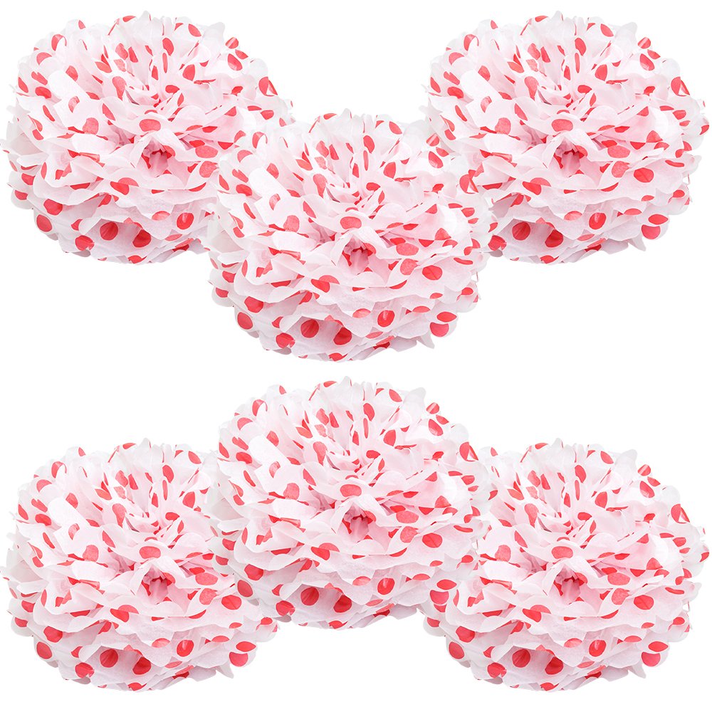 WYZworks Set of 6 - RED Polka DOT 14 - (6 Pack) Tissue Pom Poms Flower Party Decorations for Weddings, Birthday, Halloween, Brid