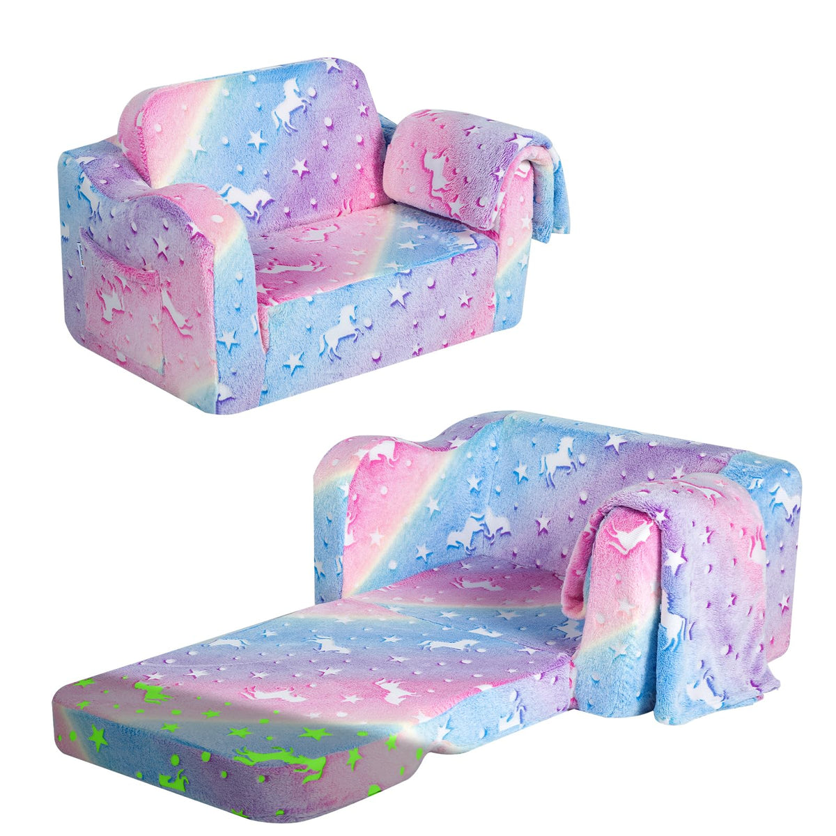 MeMoreCool Kids Couch Fold Out, Flip Out Sofa Chair with Blanket, Foldable Toddler Couch for Girls Boys, Children Convertible So